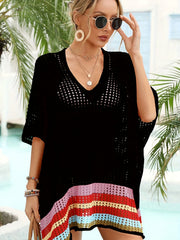Colorful Stripes Open Knitted Cover Up Dress V Neck Batwing Sleeve
