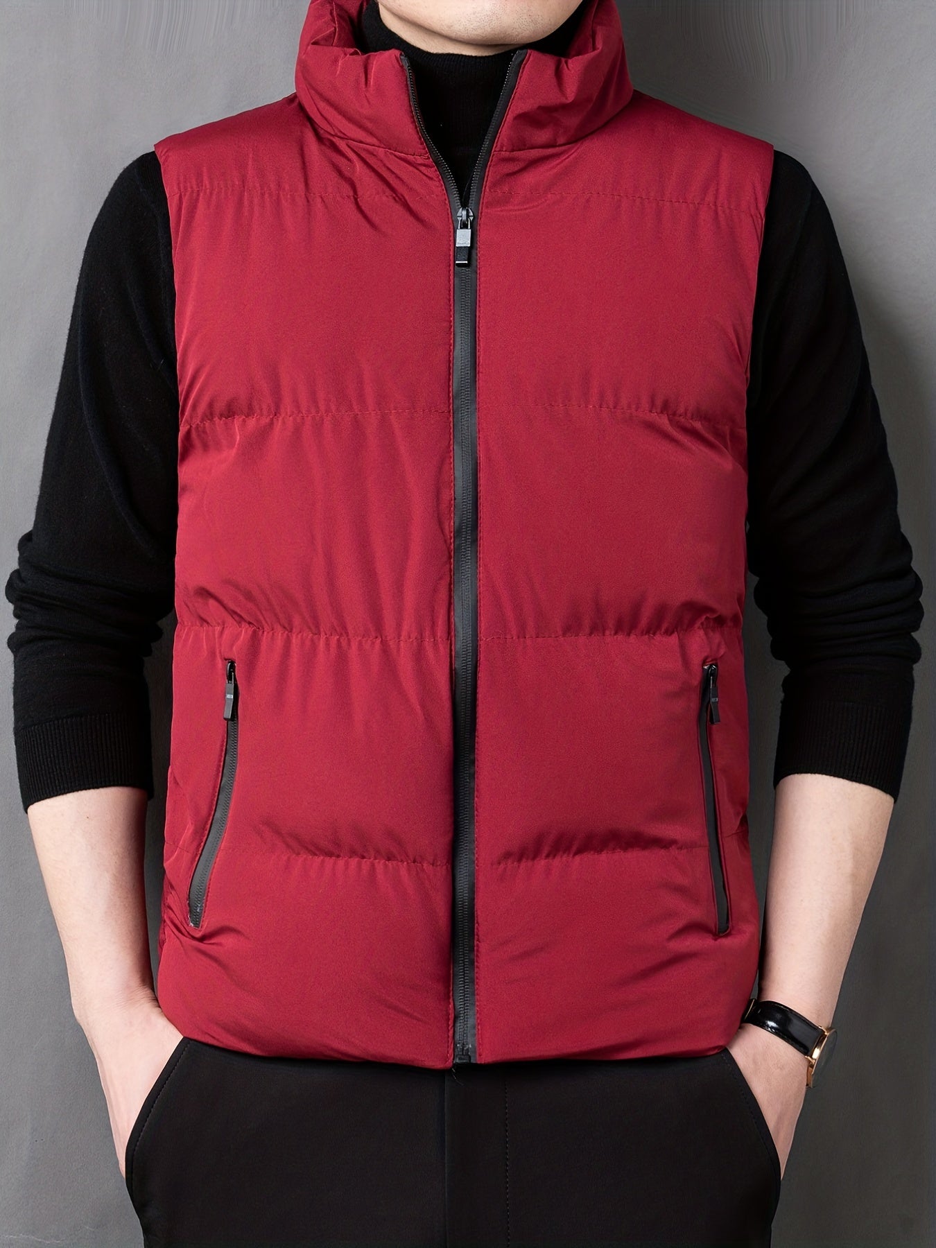 Men's Zip Up Pockets Stand Collar Winter Vest