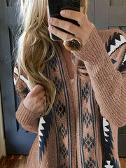 Ethnic Pattern Open Front Cardigan Casual Long Sleeve Mid Length Cardigan