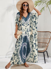 Tie Dye Batwing Sleeve V Neck Maxi Split Cover Up Dress