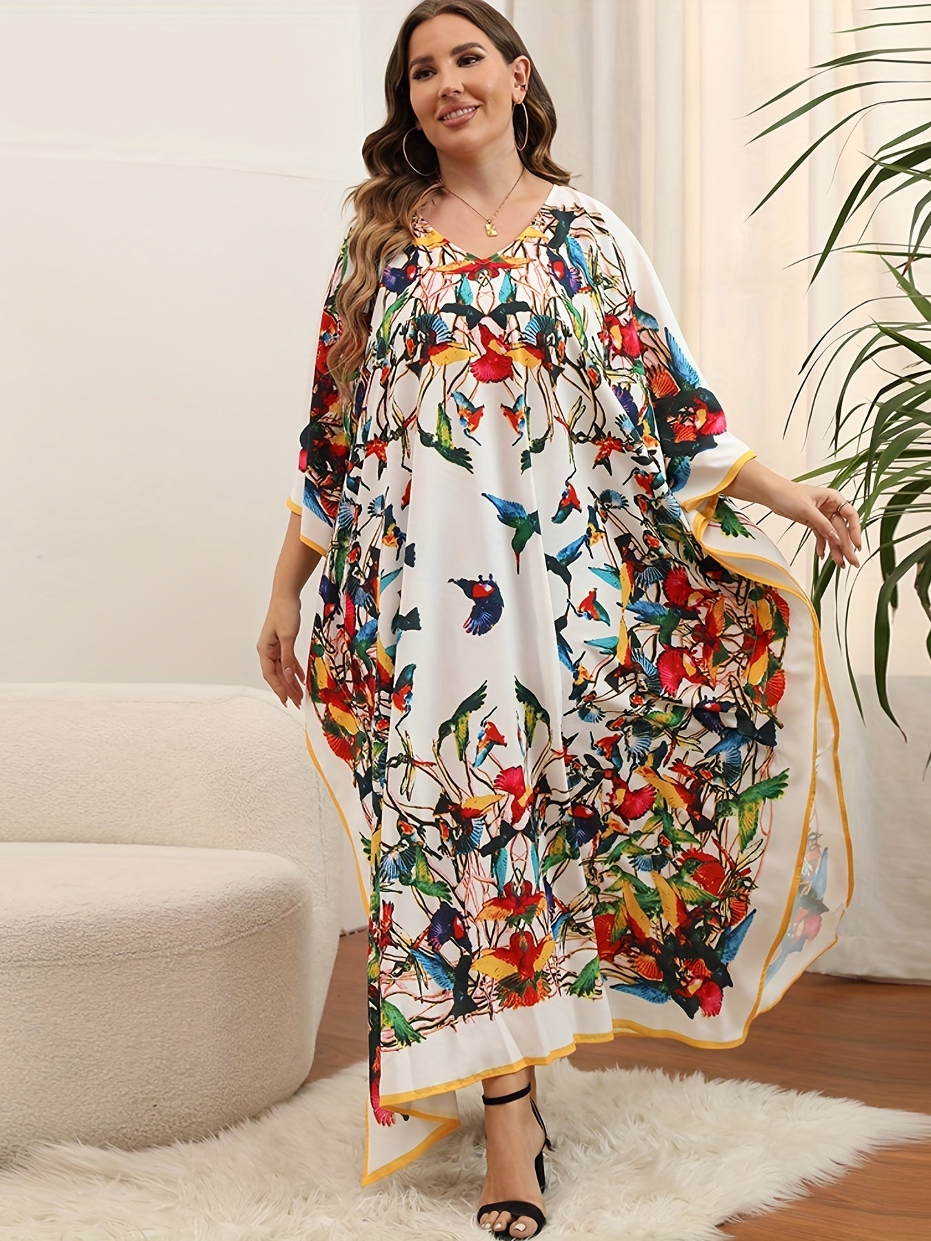 Boho Cover Up Dress Plus Size Print Bat Sleeve V Neck Slight S