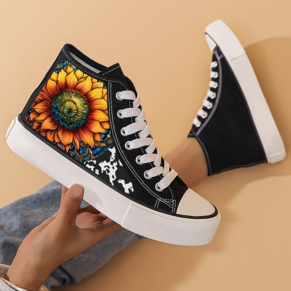 Flower Print Chunky Canvas Sneakers High Top Skate Shoes