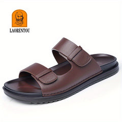 LAORENTOU Men's Leather Slippers Casual Outdoor Anti skid Slip On Slides