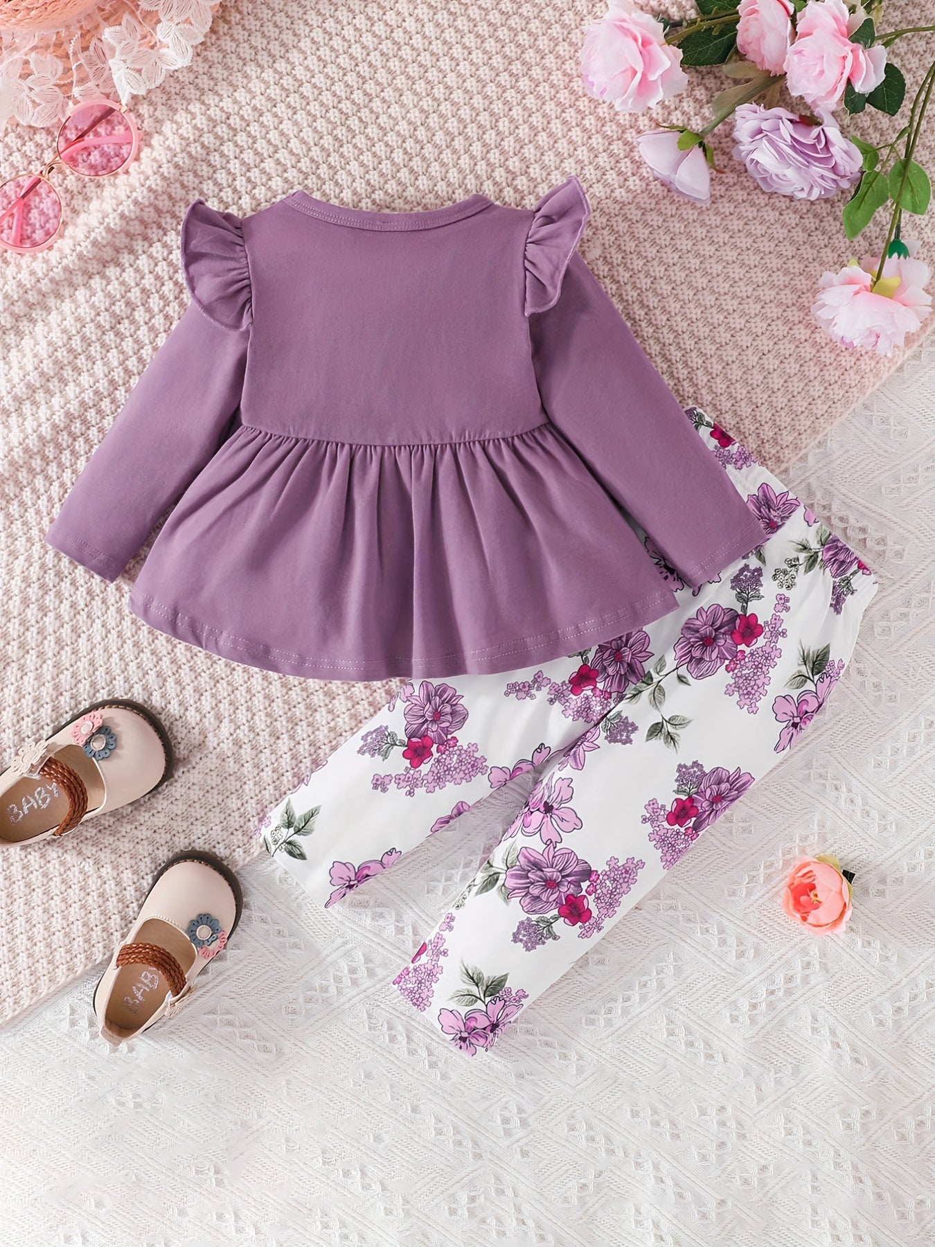 Baby Girls Dress & Floral Pants Set, Long Sleeves, Bow Knot, Spring Fall