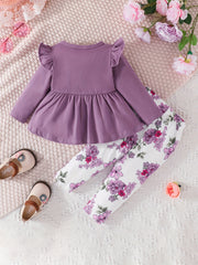 Baby Girls Dress & Floral Pants Set, Long Sleeves, Bow Knot, Spring Fall