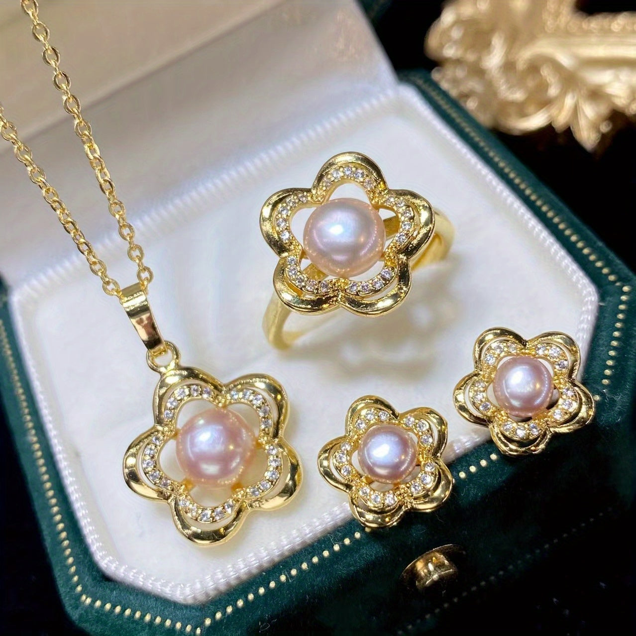 Faux Pearl Flower Pendant Necklace Earrings Rings Set