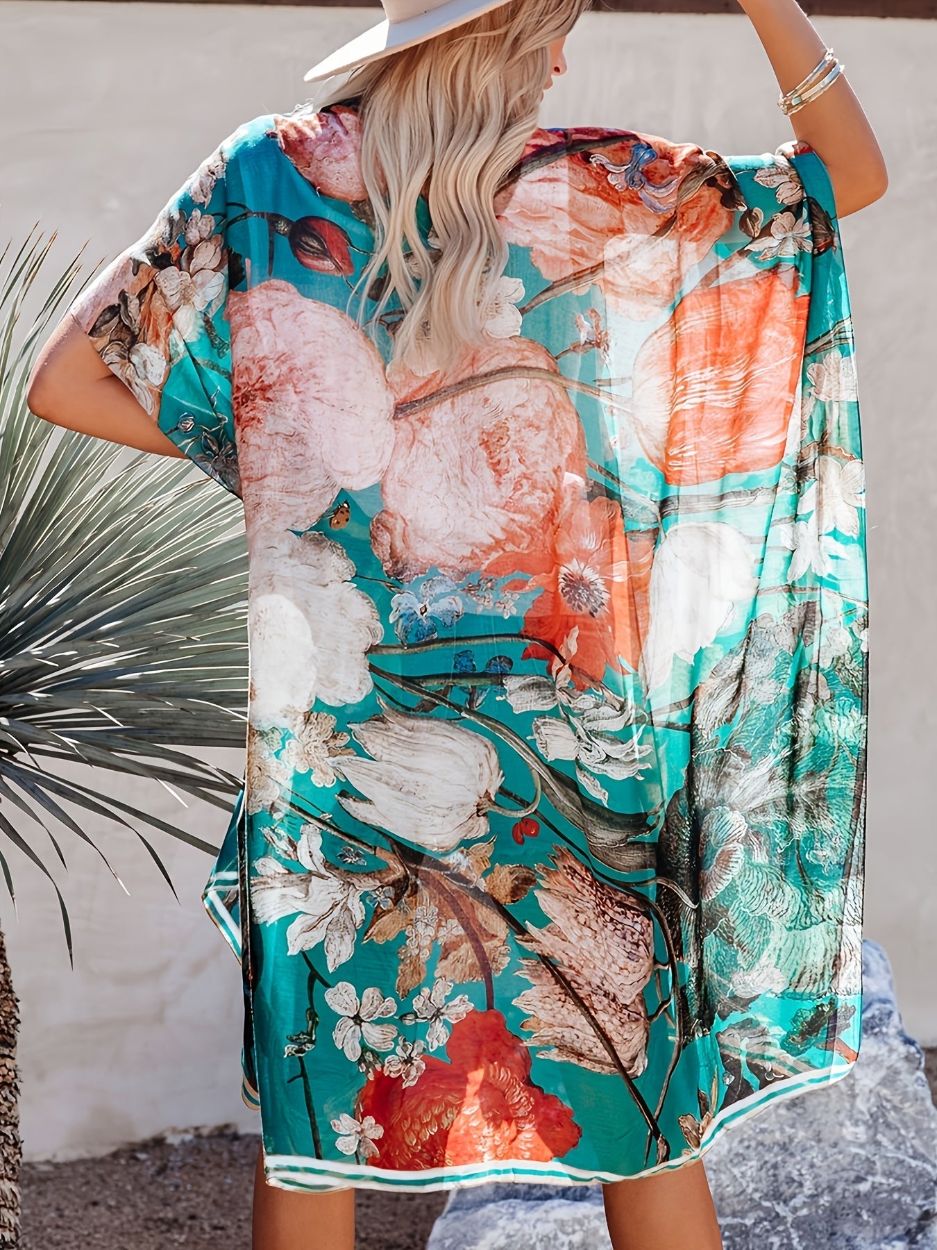 Floral Print Cover Up Shirt V Neck Loose Fit Short Sleeves Cardigan