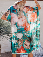 Floral Print Cover Up Shirt V Neck Loose Fit Short Sleeves Cardigan