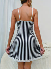 Striped Nightdress with Lace Trim Backless Sleep Dress