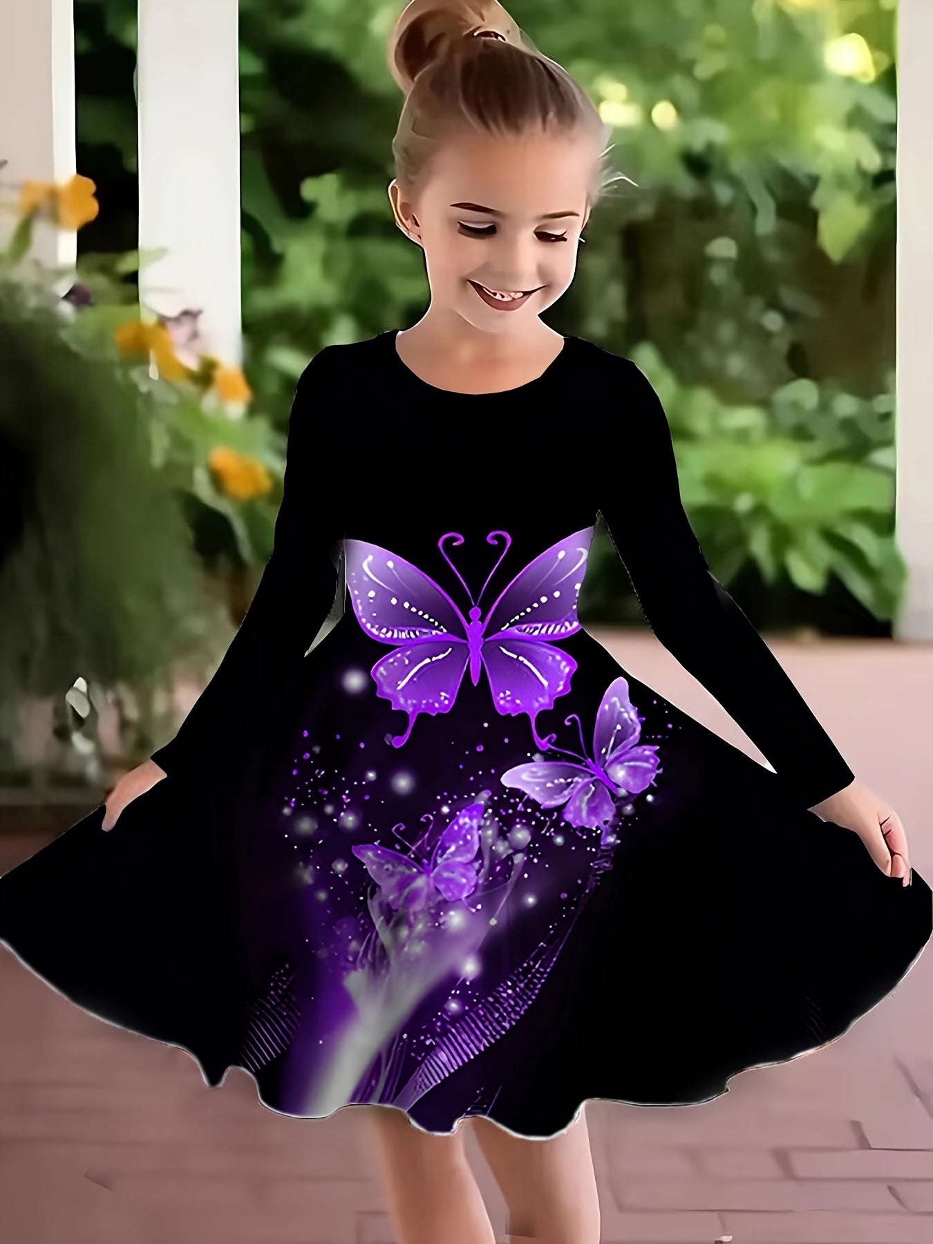 Girls 3D Butterfly Dress for Party - Crew Neck Long Sleeve