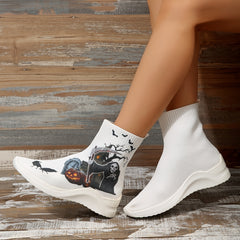 Women's Ghost & Pumpkin High Top Sock Shoes Halloween Ankle Boots