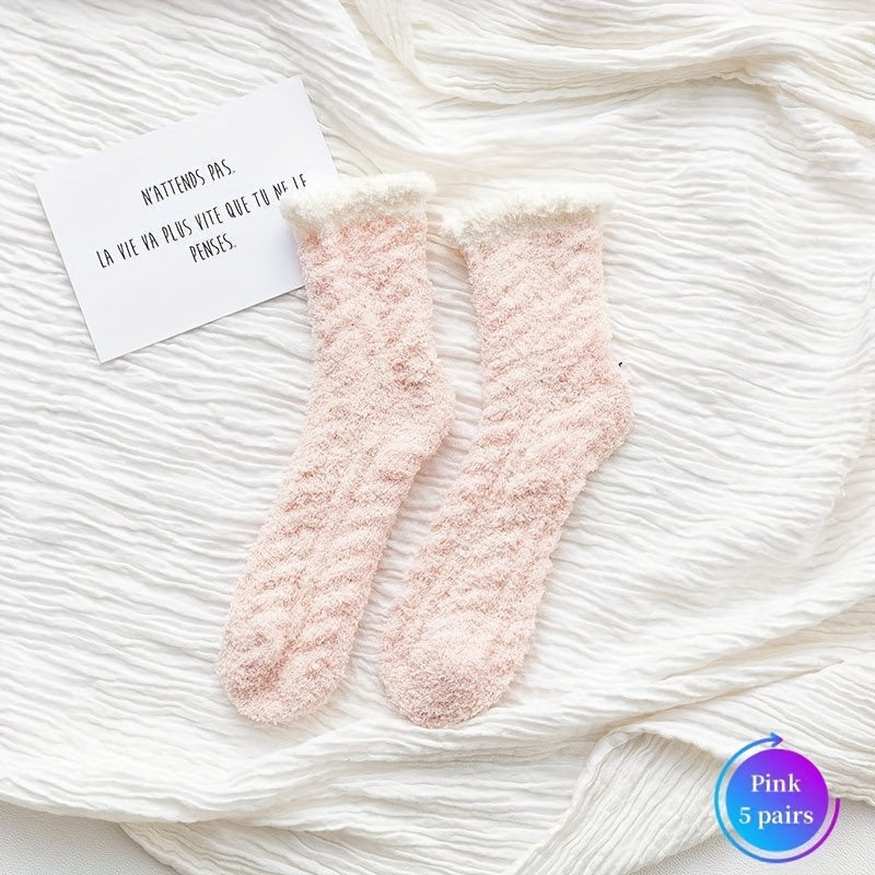 5 Pairs Colorblock Fuzzy Socks Warm Mid Tube Women's Stockings