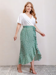 Colorblock Floral Ruffle Sleeve Dress