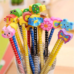 20 Colorful 18 Length Cartoon Eraser Pencils Office School Students Gift