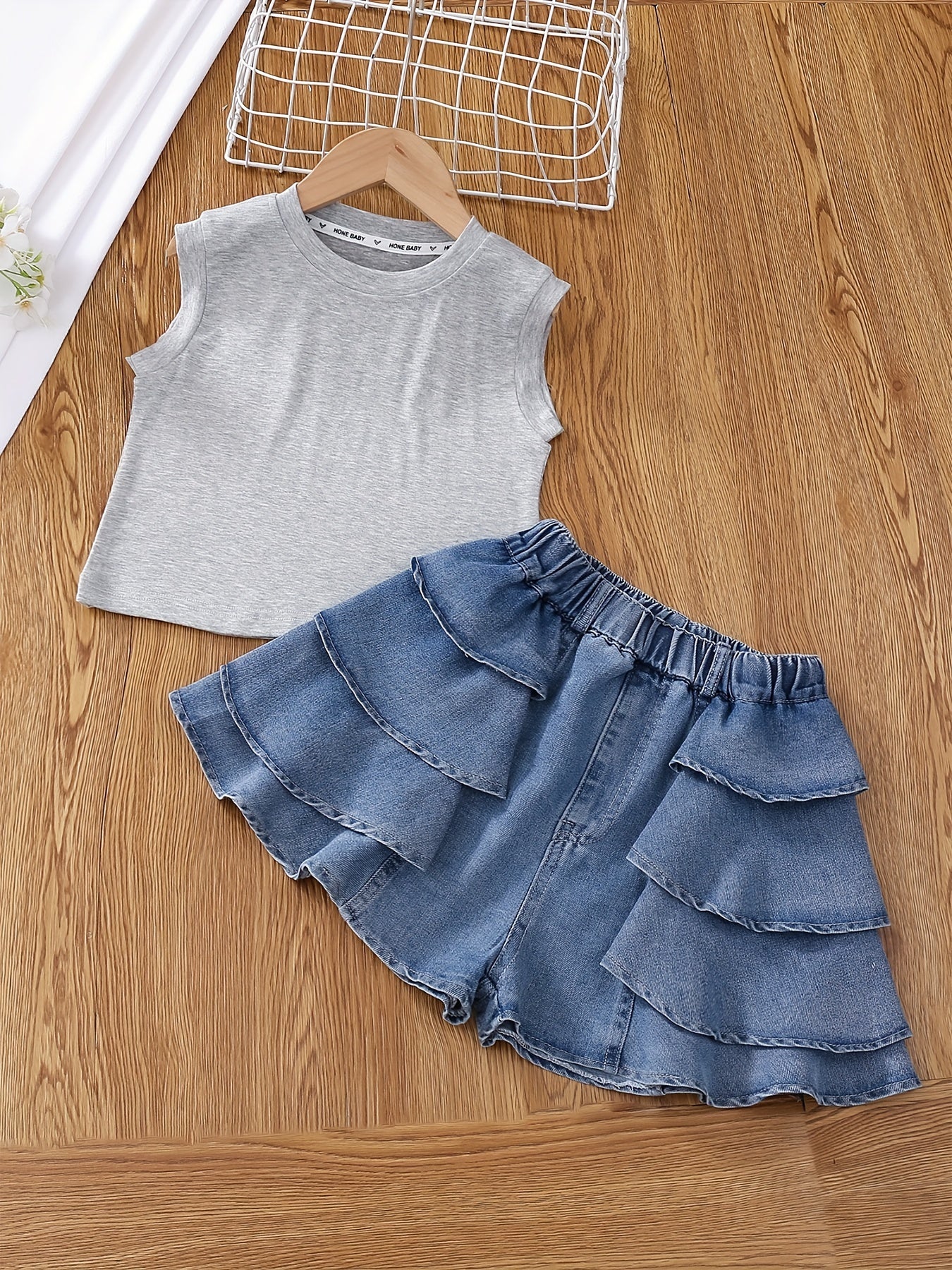 Girls Sleeveless Denim Vest Top and Cake Skort Set