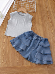 Girls Sleeveless Denim Vest Top and Cake Skort Set