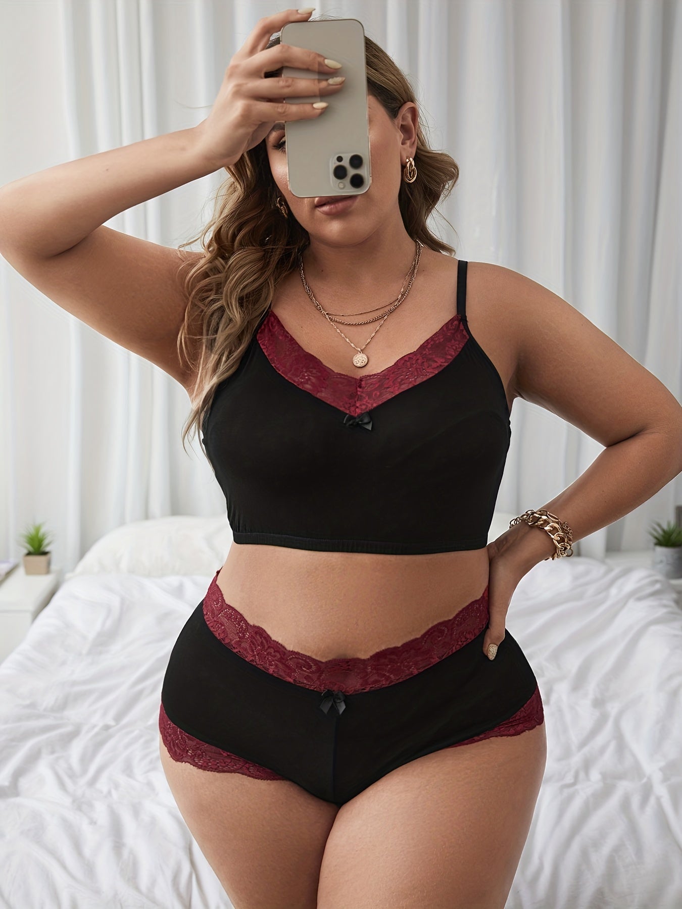 Contrast Lace Trim Mini Bow Bra & Underwear Two Piece Set