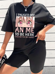 2pcs Anime Graphic Workout Tee & Shorts Set Casual Sports Activewear