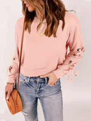 Solid Crew Neck Crop Sweatshirt Lace Up Long Sleeve