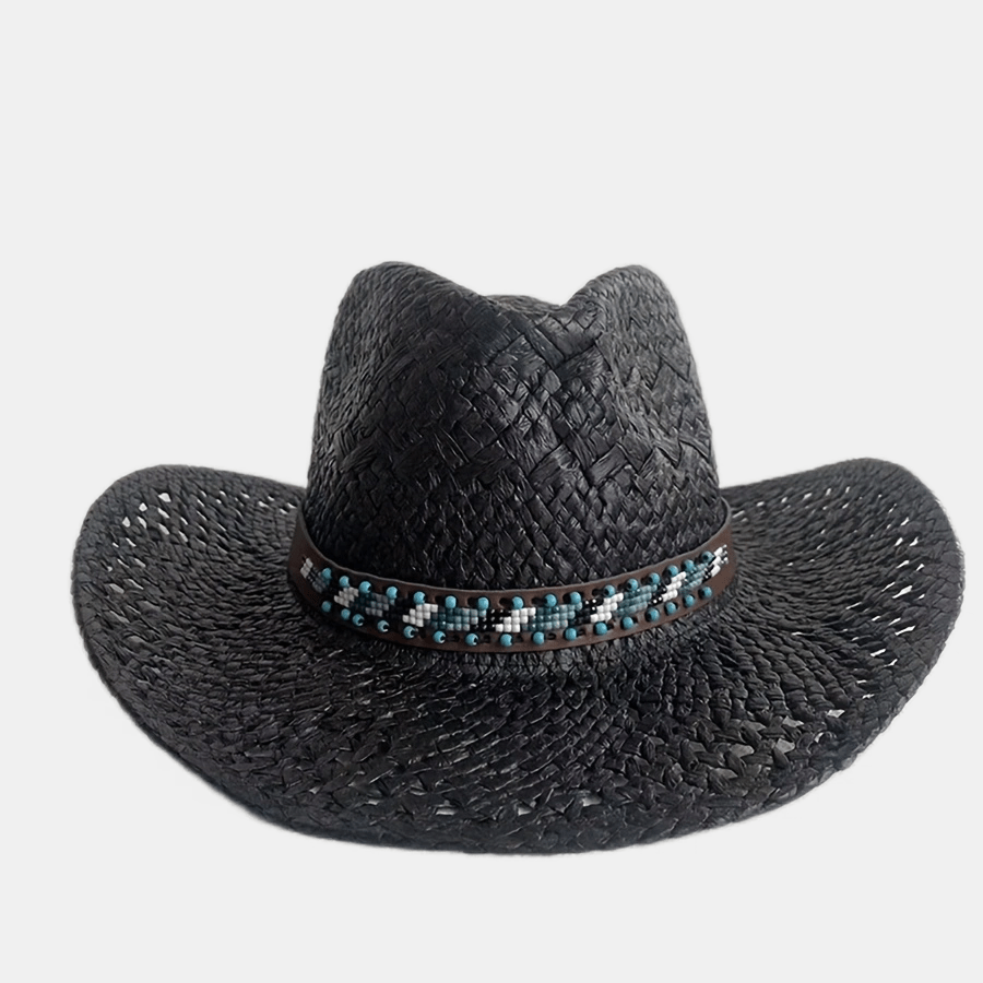 Turquoise Tassel Belt Cowboy Hat Vintage Western Hollow Crochet Straw Hat