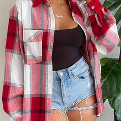 Women's Plus Plaid Print Long Sleeve Button Up Lapel Collar Shirt