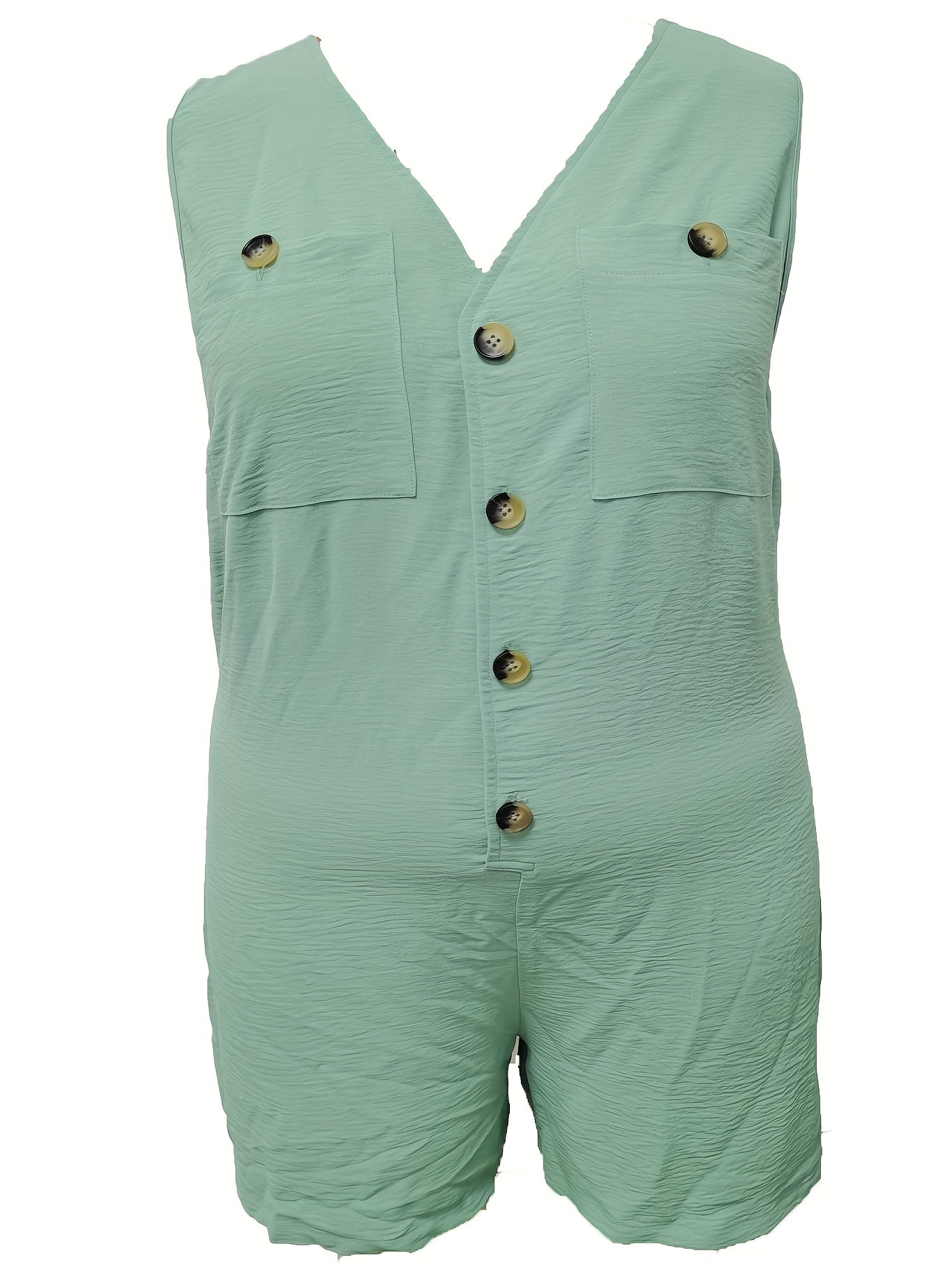 Casual Romper Women's Plus Plain V Neck Button Up Slight Stretch Rompe