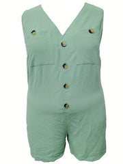 Casual Romper Women's Plus Plain V Neck Button Up Slight Stretch Rompe