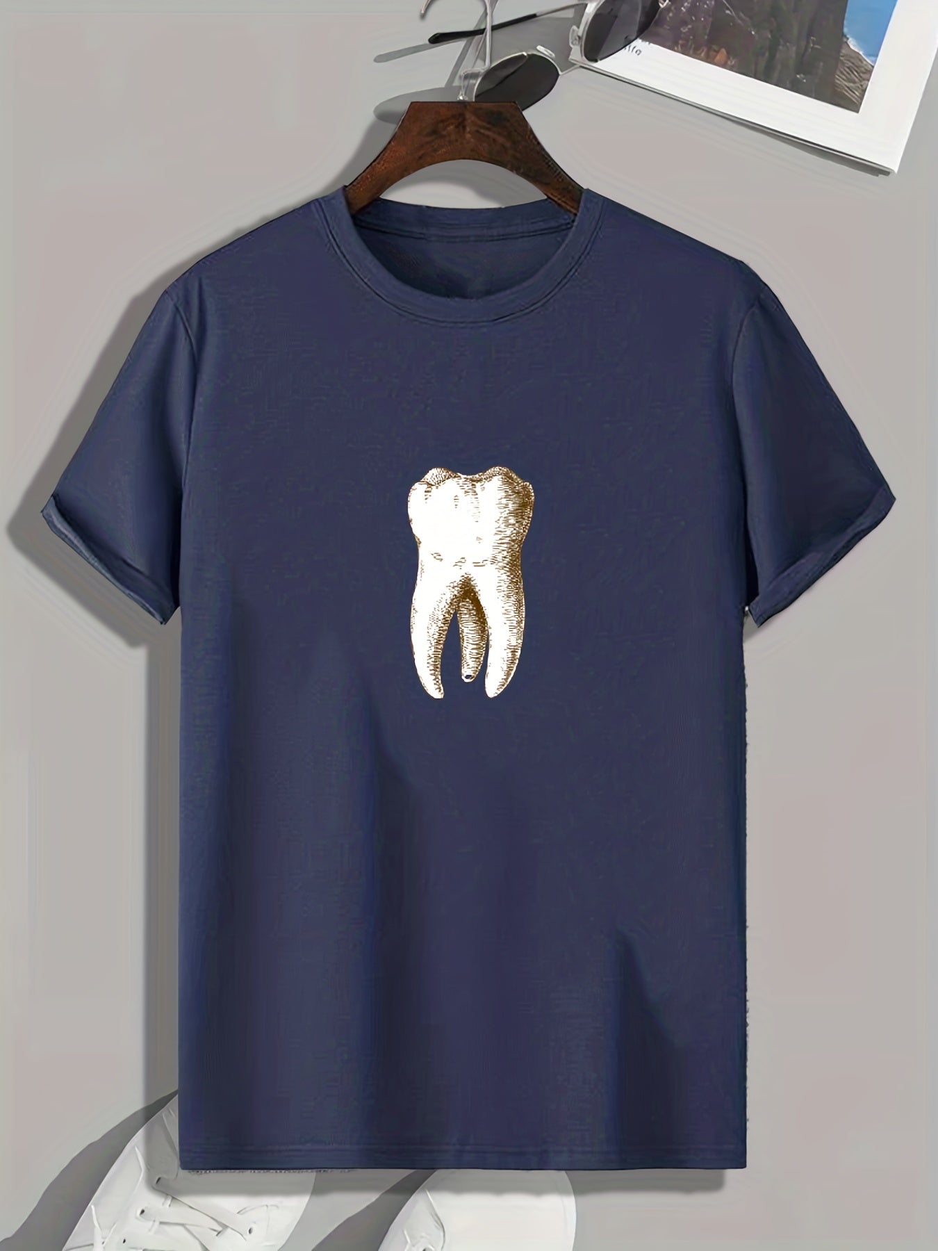 Tooth Print Men's Comfy T-shirt Active Stretch Tee For Summer