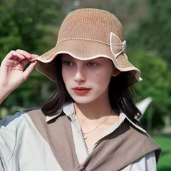 Ruffles Knit Bucket Hat with Bow Hollow Crochet Sun Hat