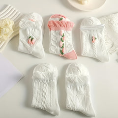 5 Pairs Floral 3D Textured Socks Women's Ruffle Mid Tube Stockings