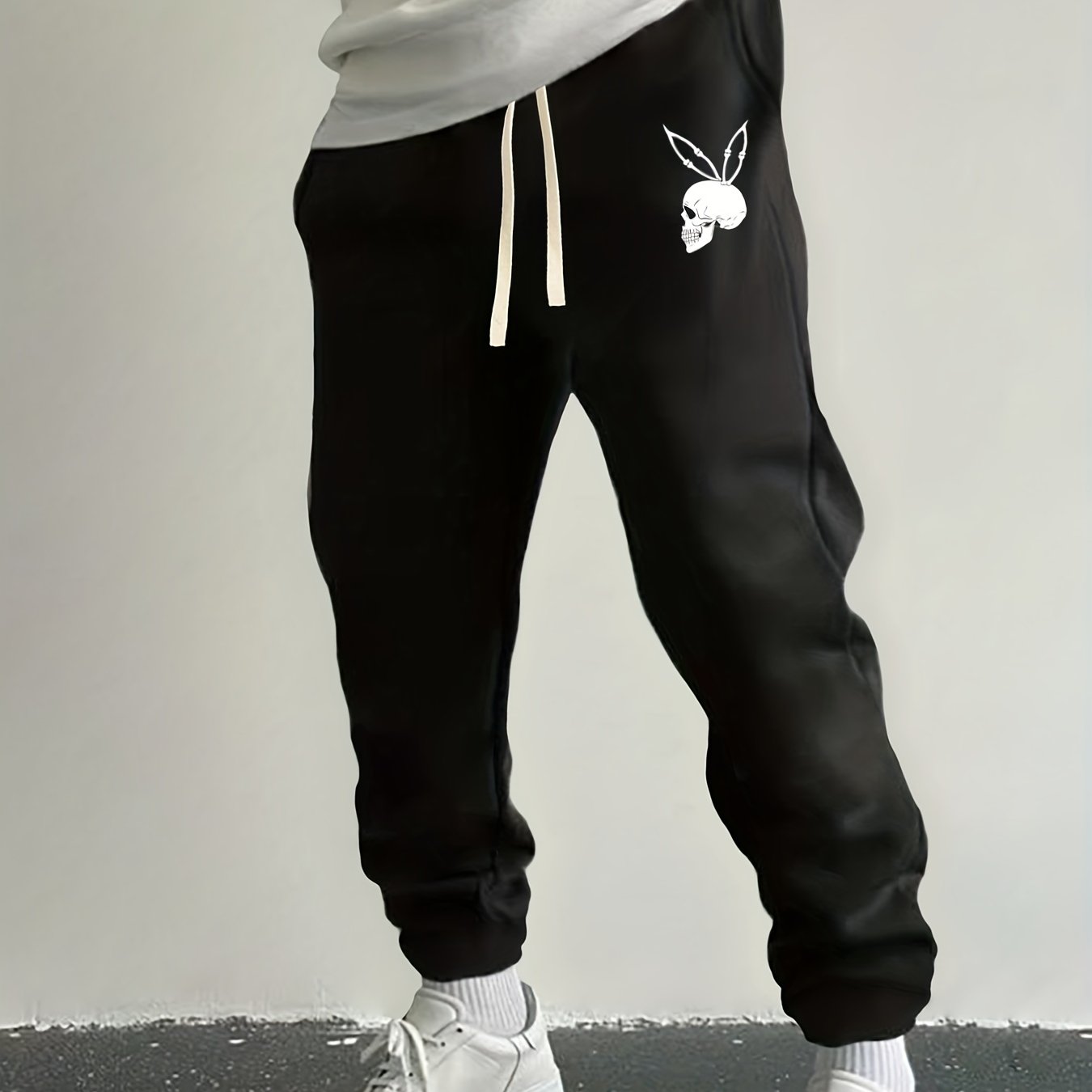 Rabbit Skull Print Drawstring Sweatpants Loose Fit Casual Joggers