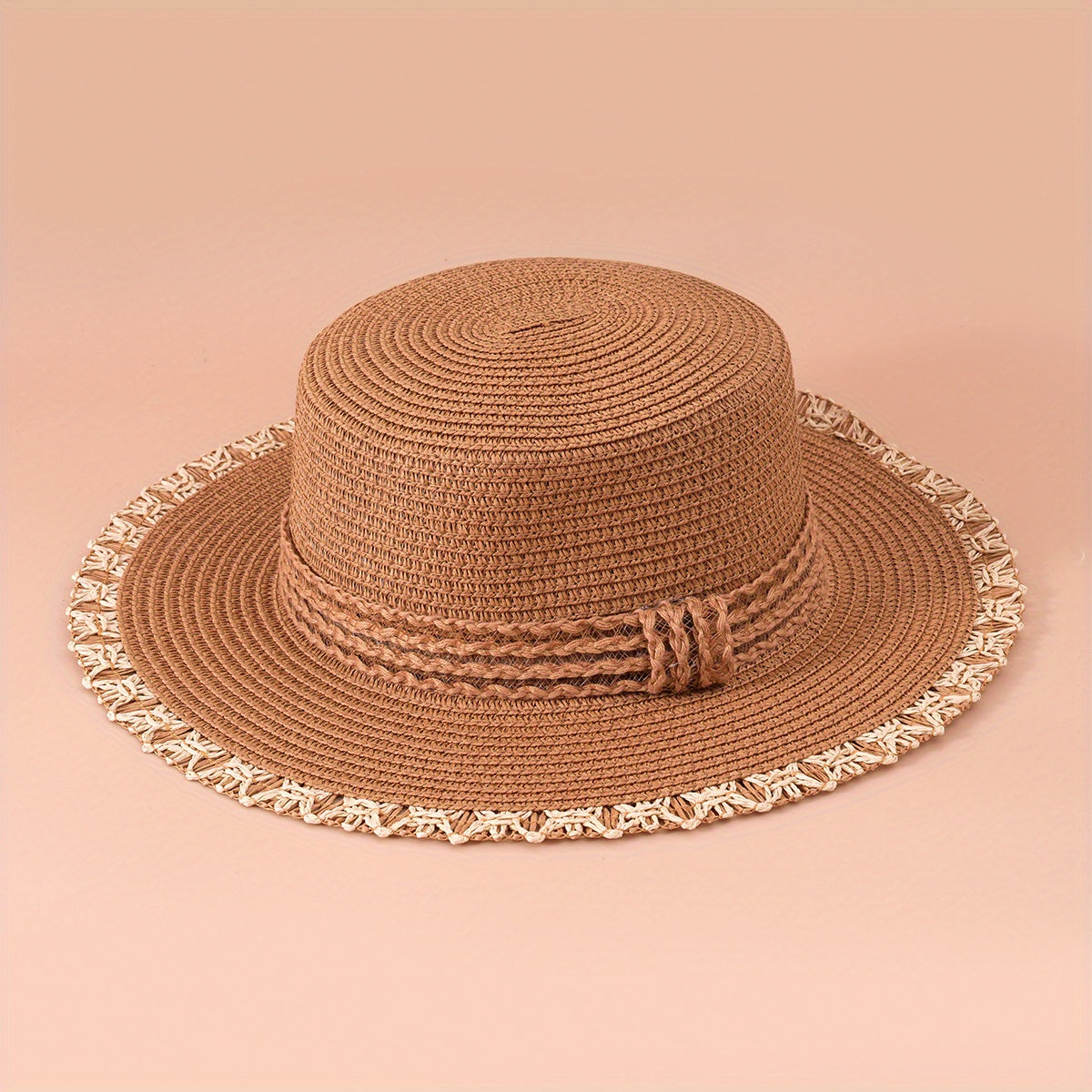 Flat Top Stitching Sun Hat Khaki Wide Brim Sunscreen Straw Hat