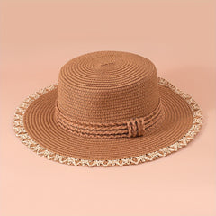 Flat Top Stitching Sun Hat Khaki Wide Brim Sunscreen Straw Hat