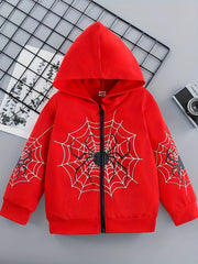 Spider Graphic Print Boys Zip Up Hooded Sweatshirt Casual Long Sleeve