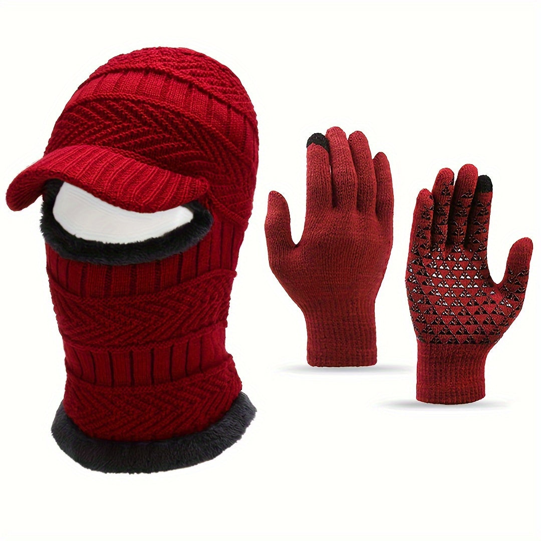 Winter Warm Hat And Gloves Set Knitted Balaclava & Windproof Gloves