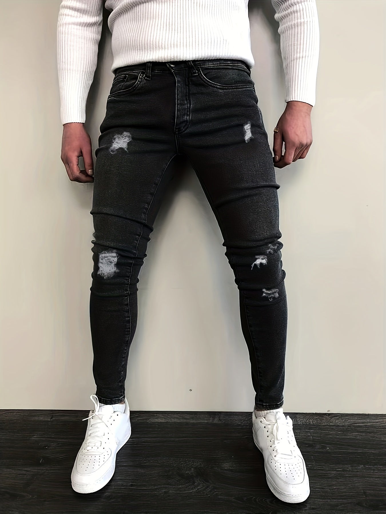 Slim Fit Ripped Cotton Jeans Men s Casual Street Style Solid Distressed Mid