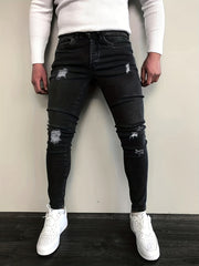 Slim Fit Ripped Cotton Jeans Men s Casual Street Style Solid Distressed Mid