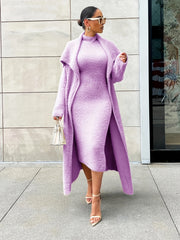 Solid Flannel Cardigan & Midi Dress Set