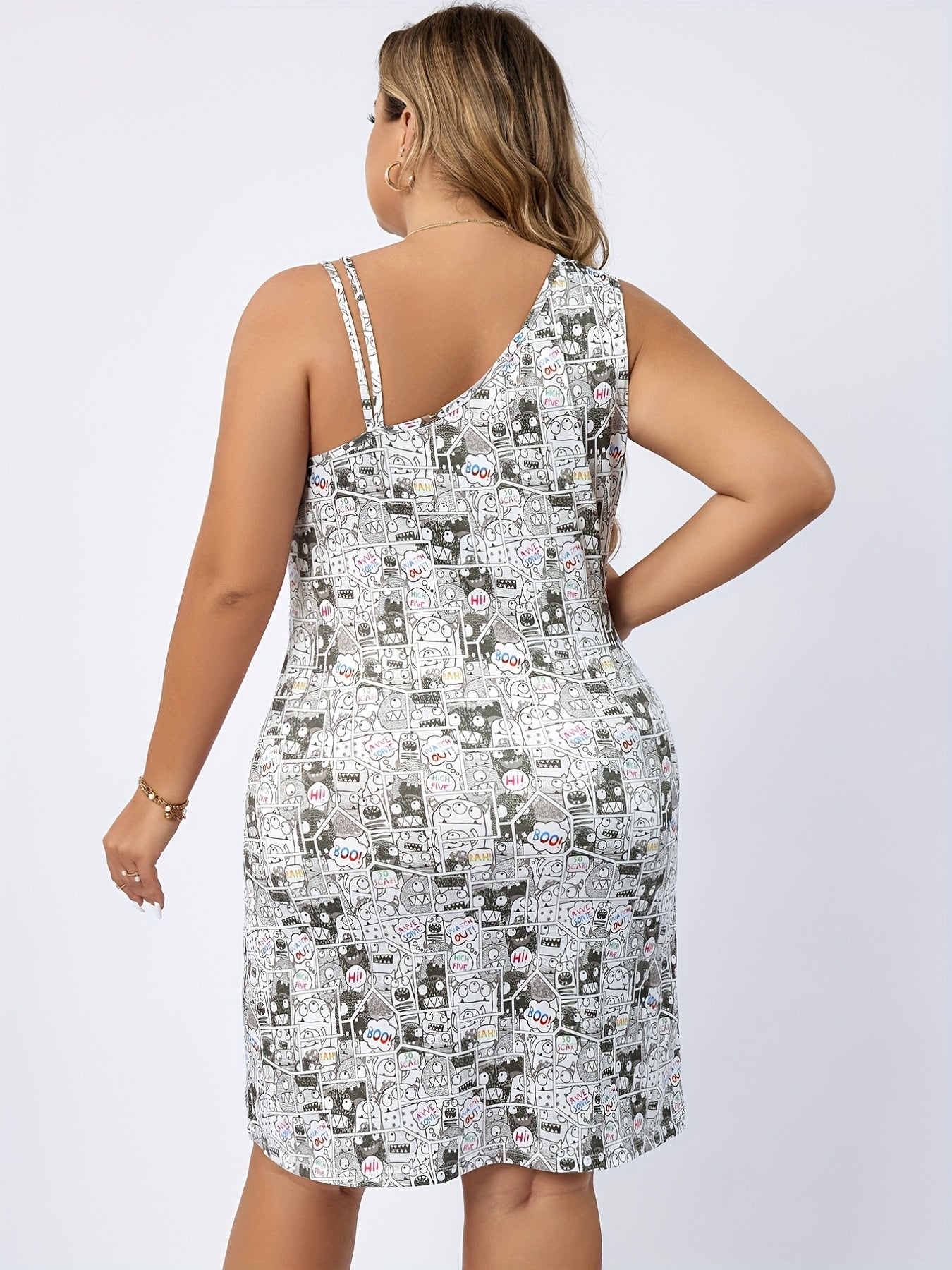 Casual Nightdress Women's Plus Allover Cartoon Print Tank Sleep Dress