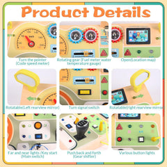 Dyzi Sensory Toy with Steering Wheel and LED Light Switches Wooden Busy Board