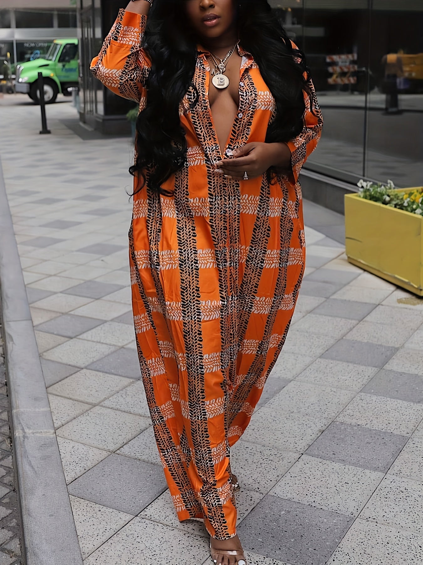 Grid Print Polo Neck Baggy Romper