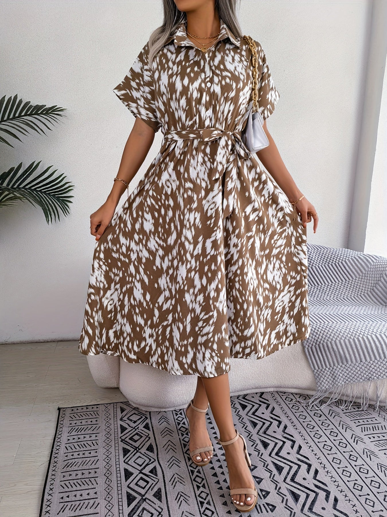 Allover Print Midi Dress Button Front Short Sleeve Women's Clothing