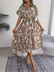 Allover Print Midi Dress Button Front Short Sleeve Women's Clothing