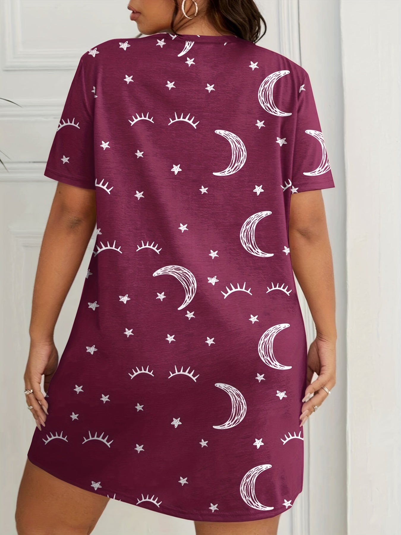 Eyelash & Moon Print Nightdress Short Sleeve Round Neck Sleep Dress