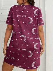Eyelash & Moon Print Nightdress Short Sleeve Round Neck Sleep Dress