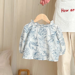Girls Flowers Print Blouse Baggy Fit Ruffle Neck Shirts Kids Summer Clothes