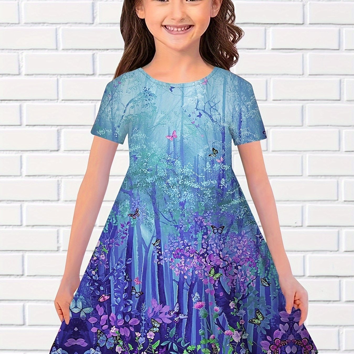 3D Forest Print Short Sleeve Dress Girls Comfy Dresses Summer Clothes