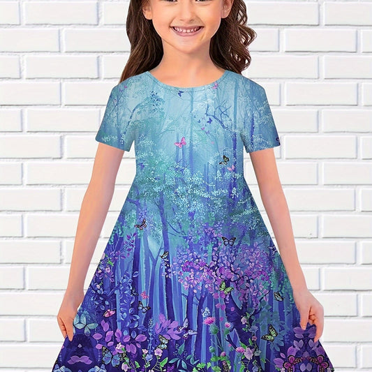 3D Forest Print Short Sleeve Dress Girls Comfy Dresses Summer Clothes