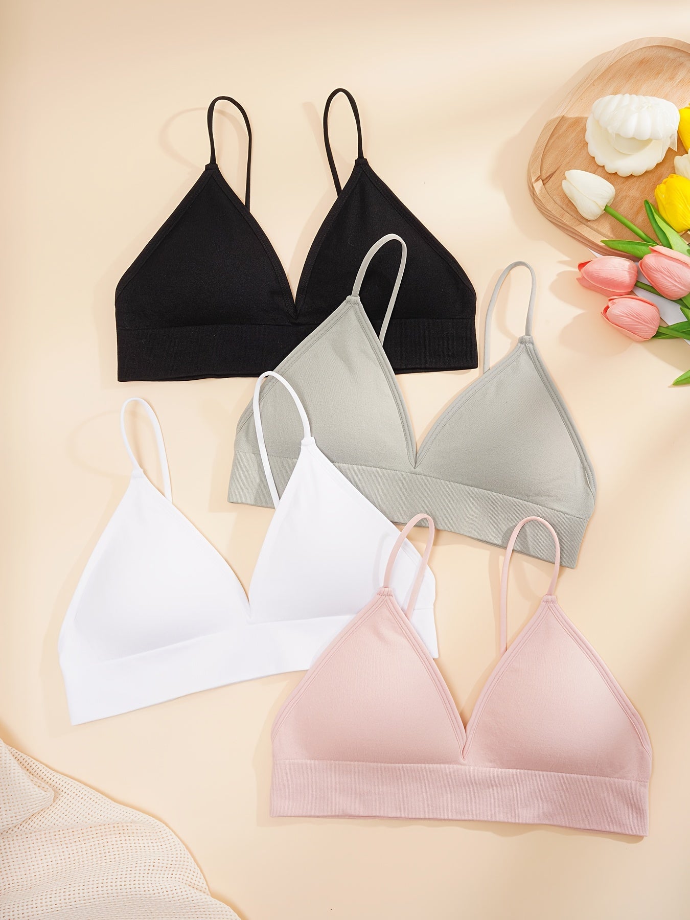 4pcs Solid Wireless Bras Women's Lingerie