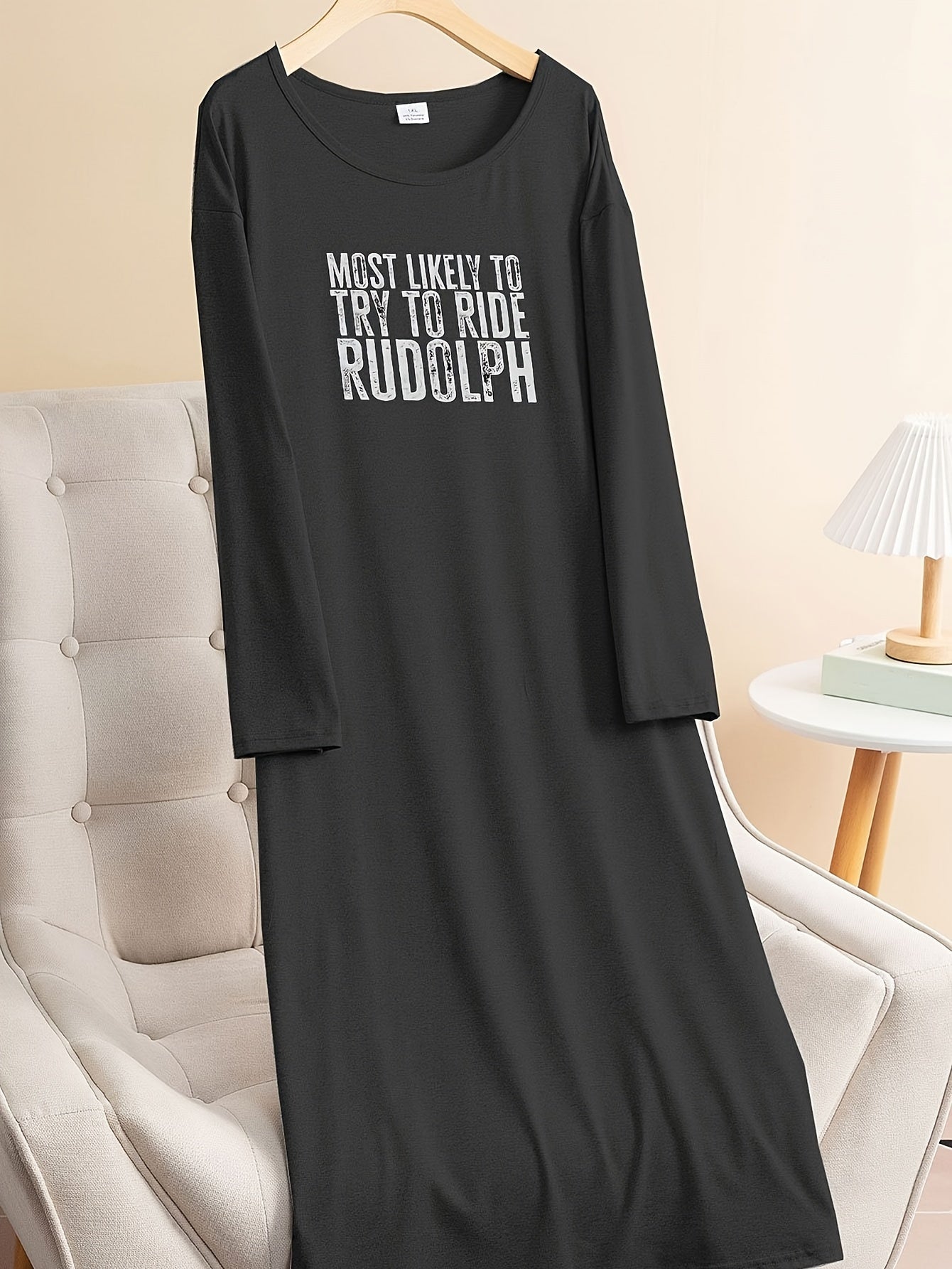 Plus Size Basic Loungewear Dress Long Sleeve Round Neck Stretch Nightdress